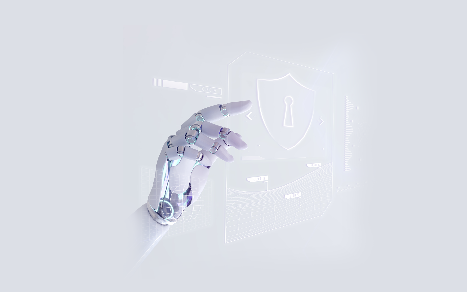 An image of a robot hand pointing at a white security icon.