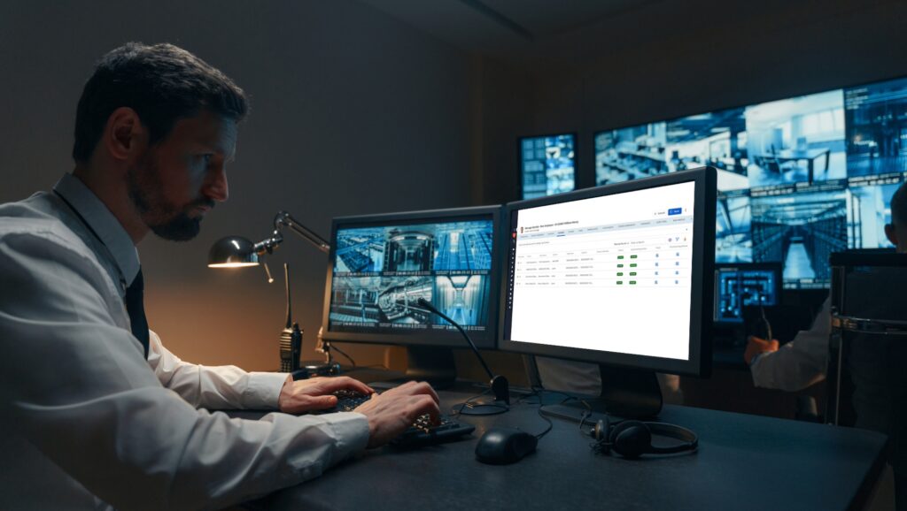 A person working at a computer desk with multiple monitors displaying security footage and data in a control room setting.