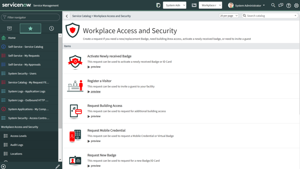 Workplace Access and Security main screen