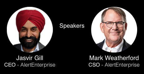 A graphic announcing speakers Jasvir Gill and Mark Weatherford