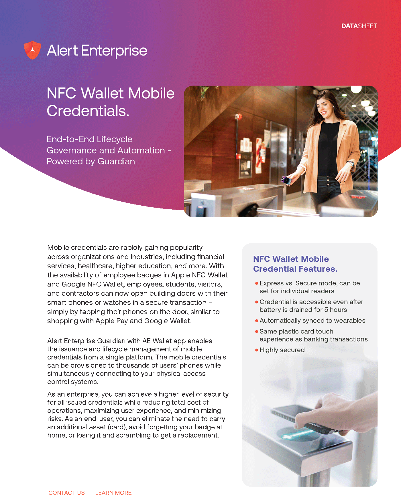 A data sheet giving information regarding NFC Wallet Mobile Credentials.