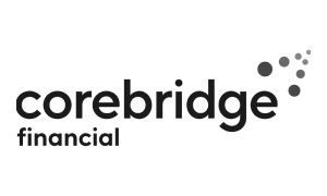 Corebridge Financial logo in black and white, featuring the company name with a series of ascending dots to the top right.