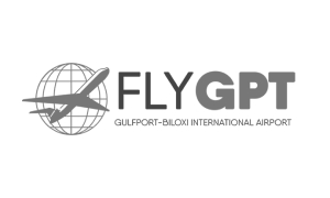 Logo of Gulfport-Biloxi International Airport featuring a globe and airplane graphic, with text FLY GPT beside it.