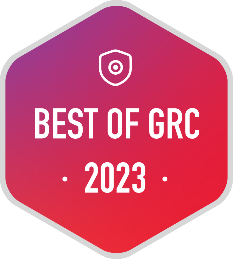 Hexagonal badge with a gradient background and a shield icon, stating Best of GRC 2023.