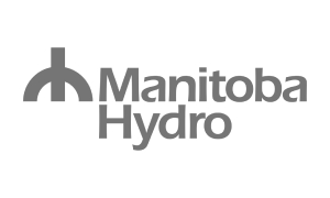 Manitoba Hydro logo featuring a stylized graphic element alongside the company name in gray.