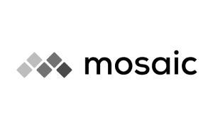 Logo of mosaic featuring four gray squares forming an angled pattern to the left of the word mosaic in lowercase letters.