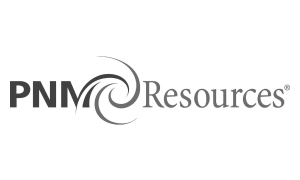 PNM Resources logo with stylized spiral design between PNM and Resources in grayscale.