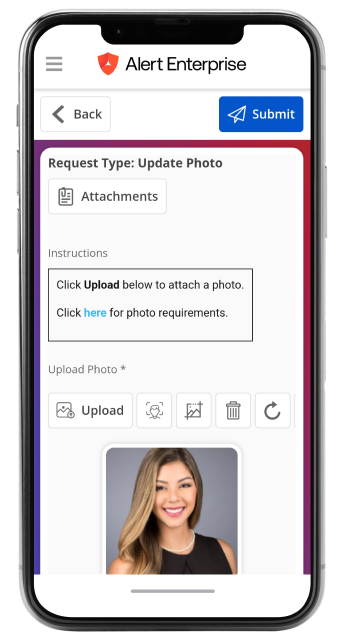 Smartphone showing an app interface for uploading a photo, with a sample image of a woman displayed below upload options.