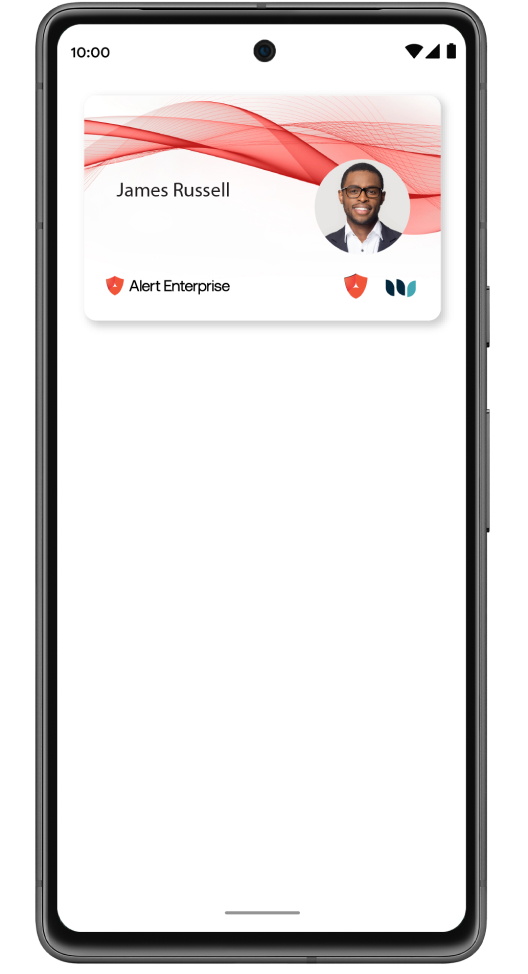 A smartphone screen displays a digital badge with a persons photo, name James Russell, and Alert Enterprise logo.