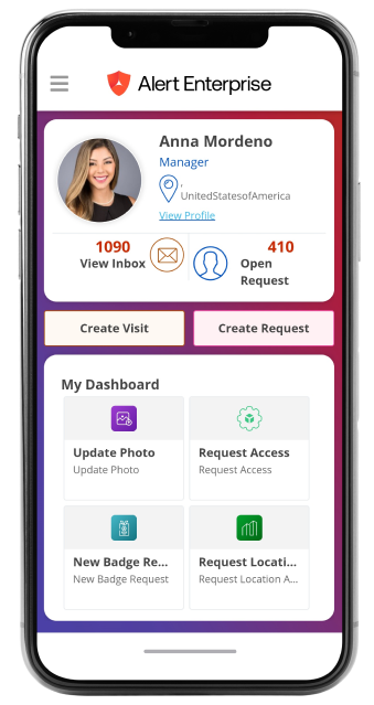 Mobile app interface displaying a user profile with photo, name, and role. Features include inbox, request management, and dashboard options like photo updates and access requests.