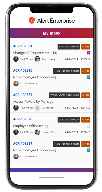 A smartphone screen displaying an inbox with multiple message alerts related to employee and access management tasks, each indicating status, date, and sender.