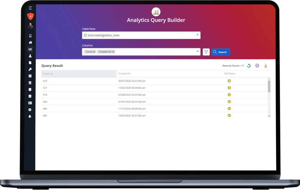 Laptop displaying an Analytics Query Builder screen with search functionality and query results in a table format.