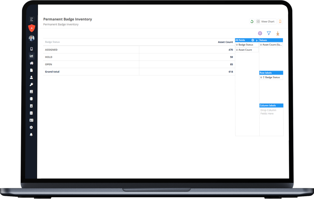 Laptop screen displaying a table labeled Permanent Badge Inventory with columns for badge status and asset count.