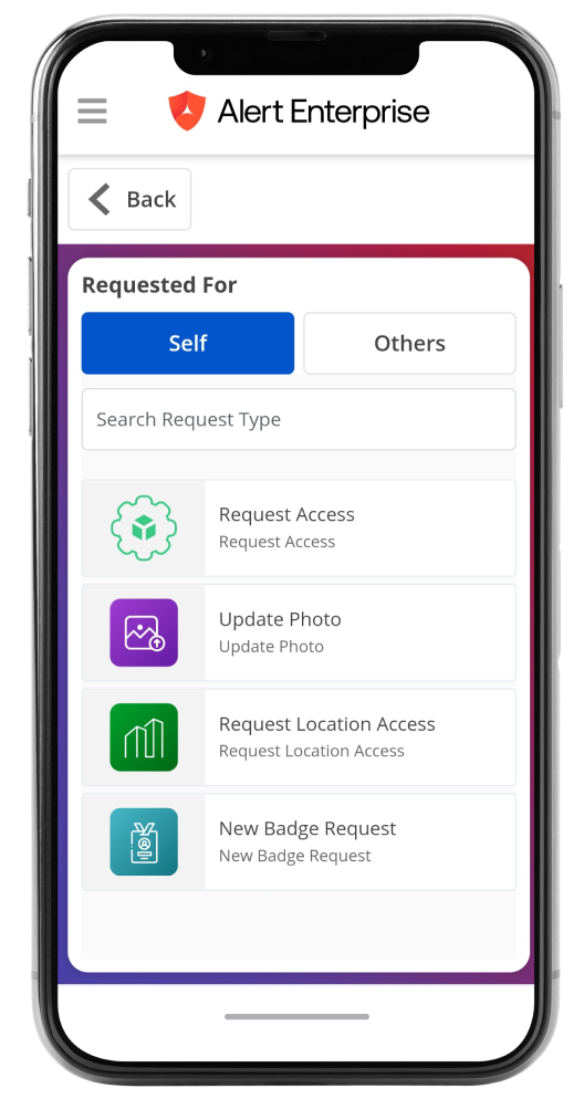 Mobile app screen showing Alert Enterprise with options: Request Access, Update Photo, Request Location Access, and New Badge Request. Buttons for Self and Others at top.