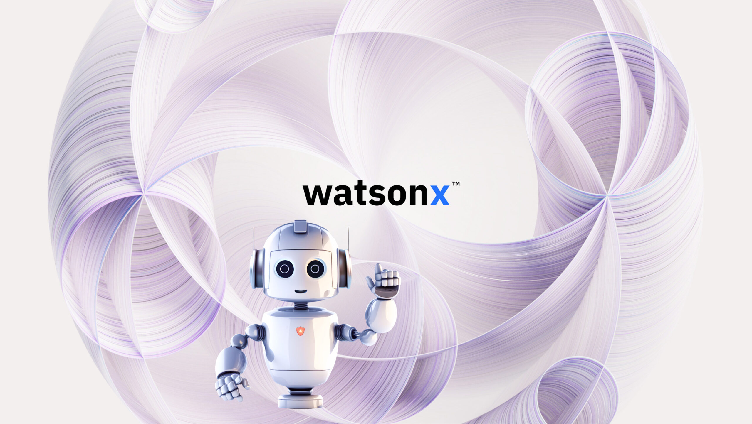 A smiling robot waves in front of a background with swirling abstract patterns and the text watsonx.