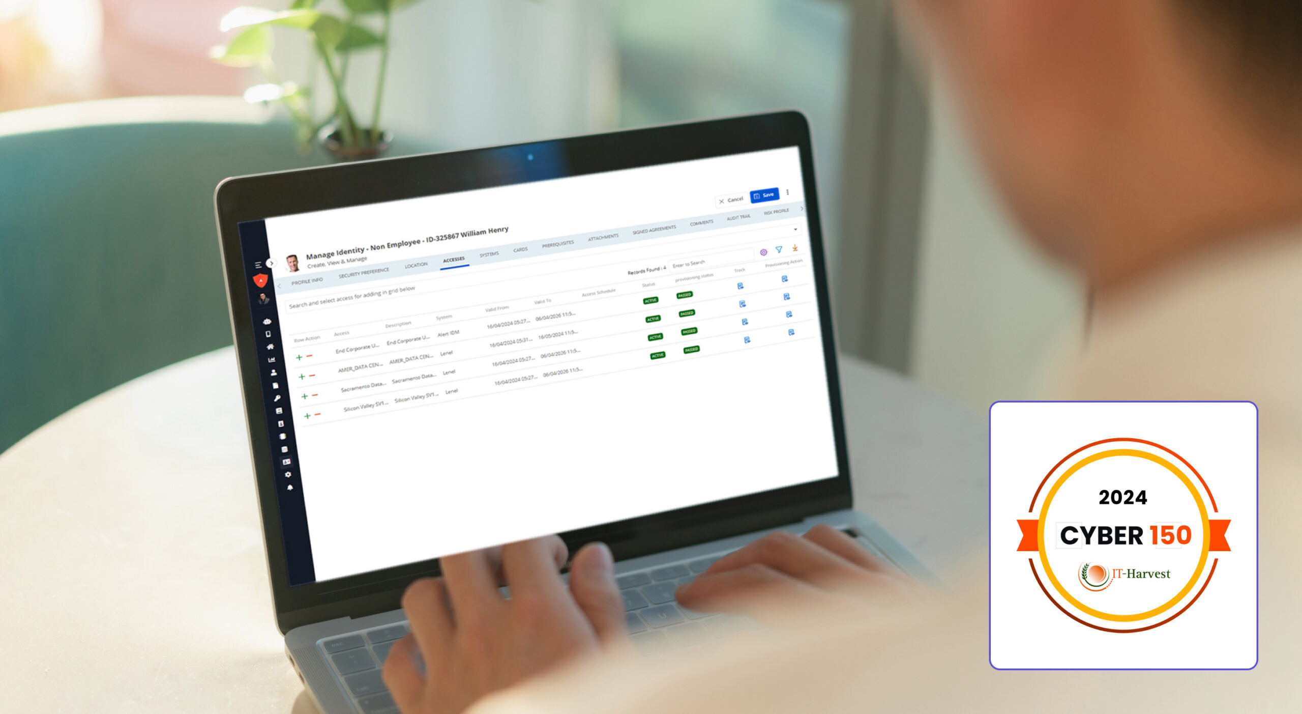 Person using a laptop displaying a management meeting platform. A 2024 Cyber 150 badge is visible nearby.