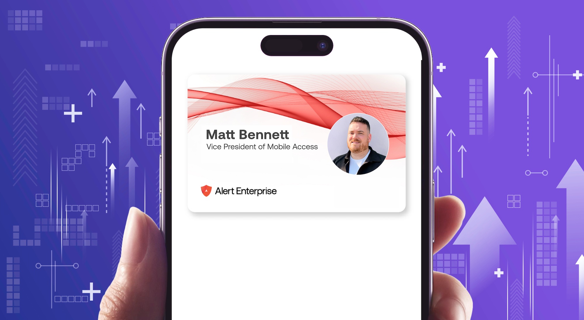 A smartphone displays a digital badge for Matt Bennett, Vice President of Mobile Access from Alert Enterprise. The background features upward arrows and building icons.