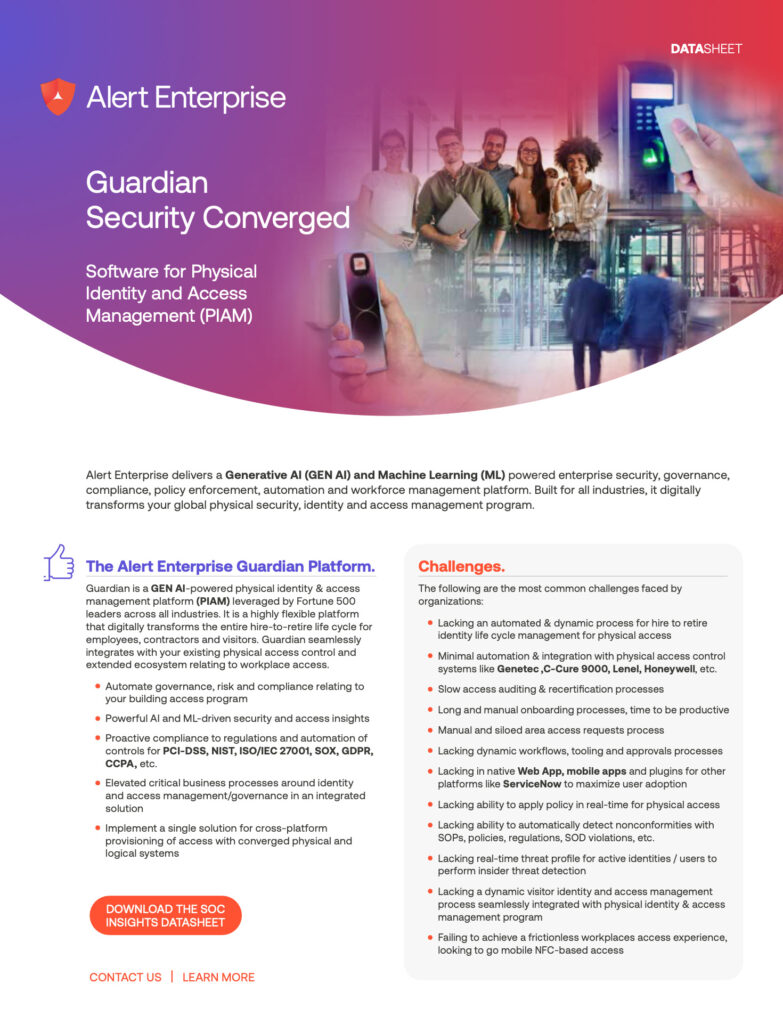 Datasheet for Alert Enterprise Guardian Security Converged, focusing on identity and access management, with detailed features and challenges listed.