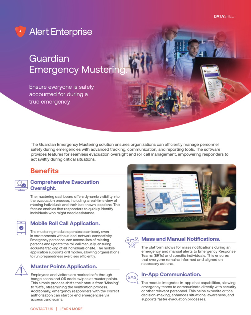 Datasheet for Guardian Emergency Mustering. Features include evacuation oversight, mobile roll call, and in-app communication. Highlights benefits and emergency management capabilities.