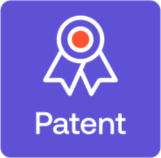 Blue square with a white outline of an award ribbon and the word Patent below it.