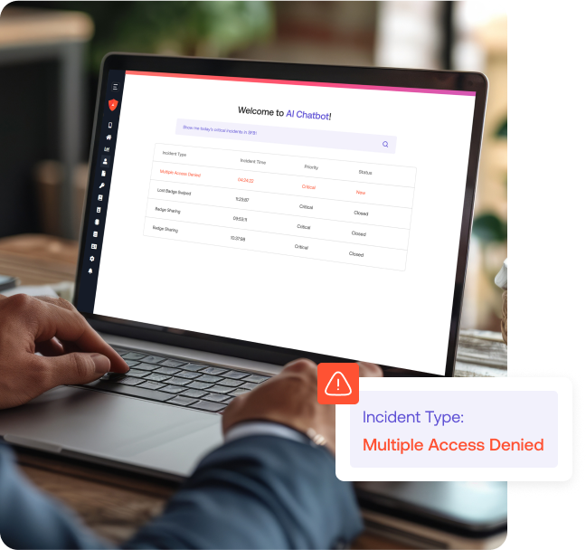 Person using a laptop displaying an AI Chatbot interface with incident reports. A notification highlights Incident Type: Multiple Access Denied.