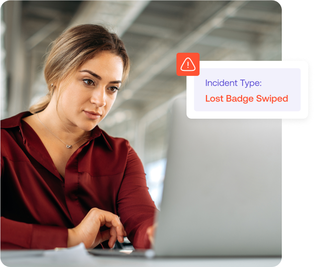 A woman in a red shirt looks at a laptop displaying a warning: Incident Type: Lost Badge Swiped.