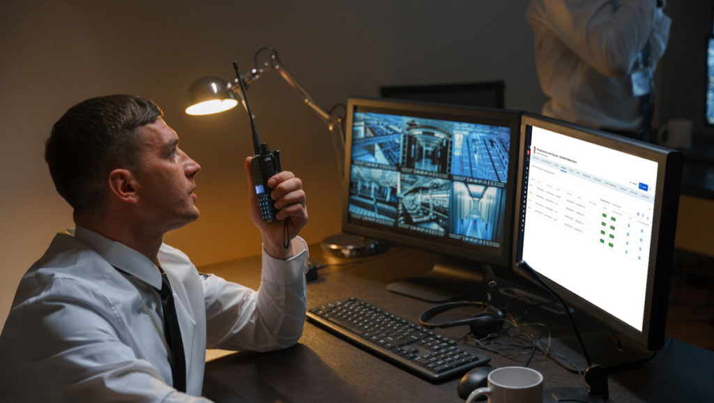 A man in a white shirt uses a two-way radio at a desk with multiple monitors displaying security camera feeds and a computer program.