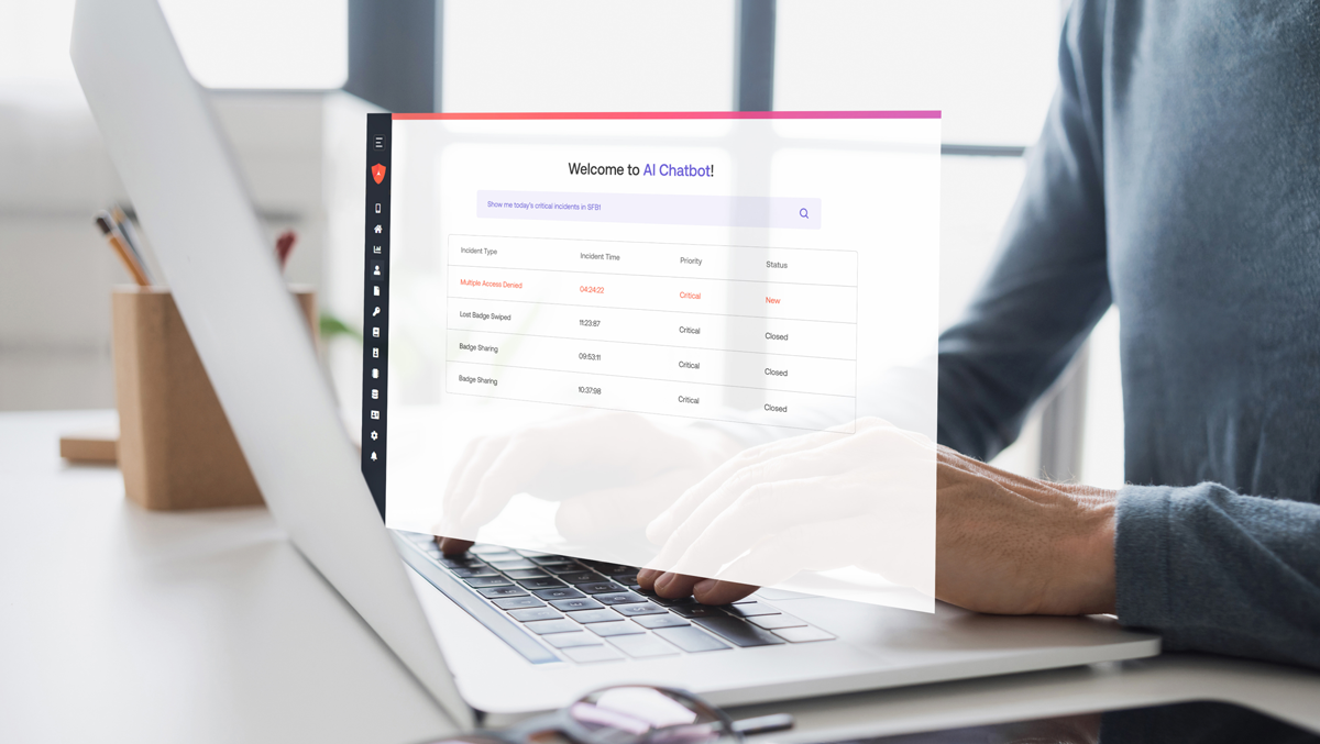 Person using a laptop displaying a chatbot interface with a table showing tasks, their status, and priority levels.