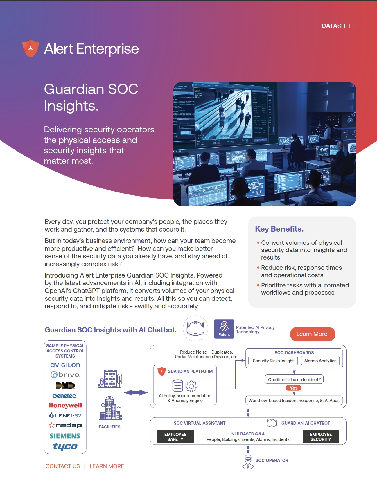 Datasheet for Guardian SOC Insights by Alert Enterprise, showcasing benefits, a diagram of the platform, and a list of technology partners.