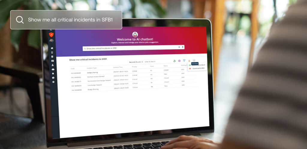 Person using a laptop displaying a chatbot interface with a list of critical incidents. A search query reads, “Show me all critical incidents in SFB1.”.