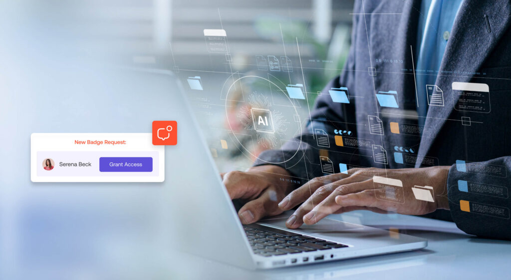 Person typing on a laptop with digital overlay of folders and AI symbols. Notification about a new badge request from Serena Bock is visible.