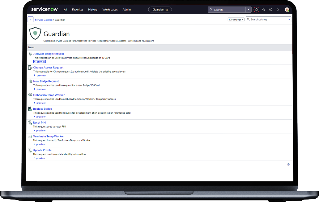 Computer screen displaying the ServiceNow Guardian interface with options for badge requests, access changes, and temporary worker management tasks.