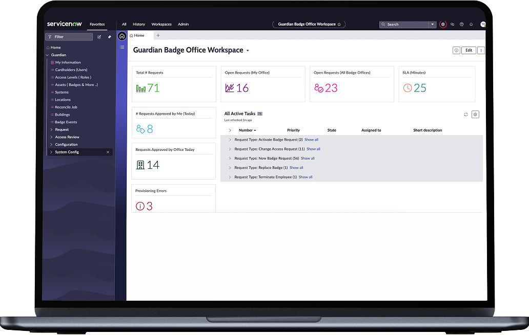 Laptop displaying a dashboard from ServiceNow, showing metrics such as total requests, open requests, SLAs, and pending approvals in a workspace called Guardian Badge Office.