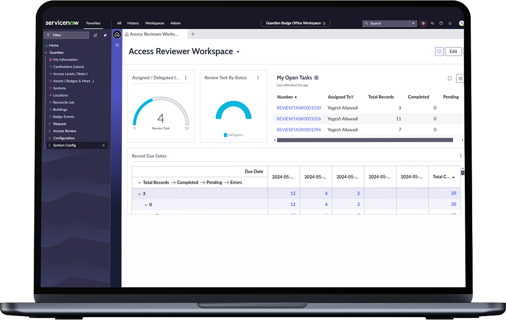 Laptop screen displaying the ServiceNow Access Reviewer Workspace with task metrics and a table of open tasks.