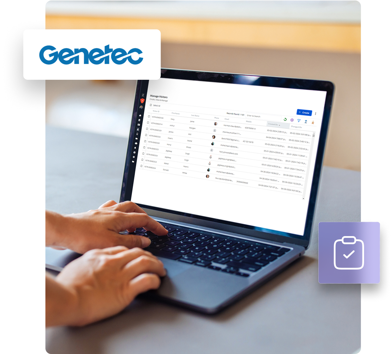 Person typing on a laptop showing a list interface on the screen. The Genetec logo is in the top left corner, and a clipboard icon with a check mark is in the bottom right.