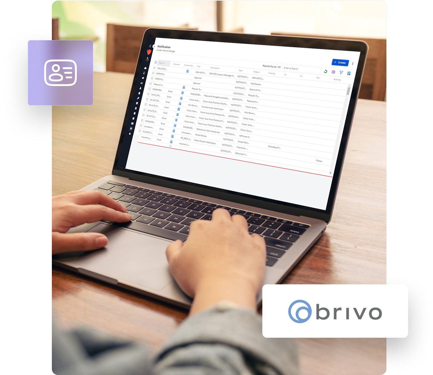 Person typing on a laptop displaying a spreadsheet with columns labeled Recipient Name and Recipient Email. The Brivo logo is visible.