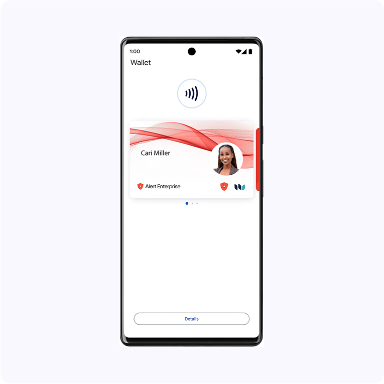 A smartphone screen displays a digital wallet app with a card for Cari Miller from Alert Enterprise, featuring a photo, company logo, and contactless payment symbol at the top.