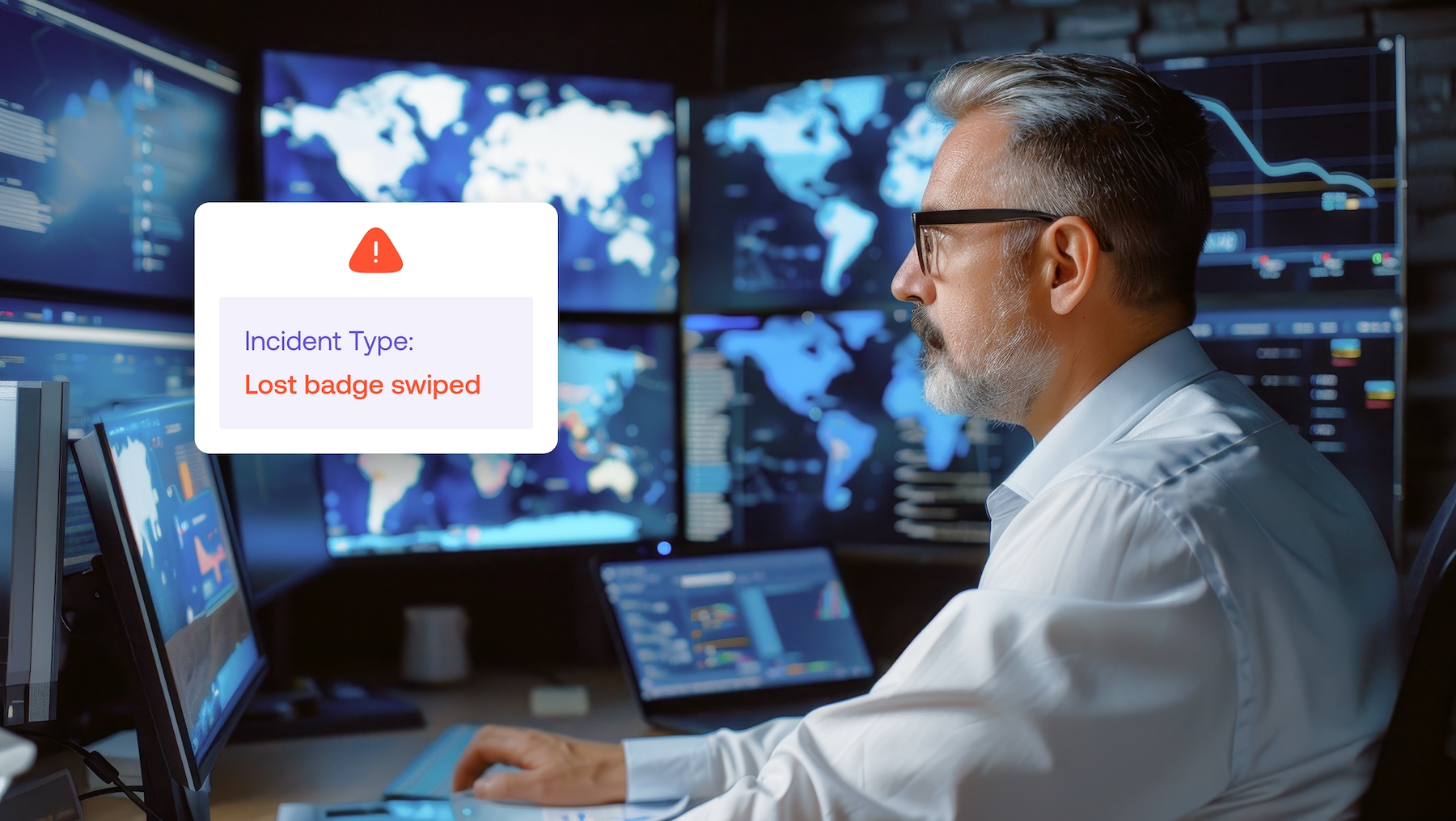 A man working at a computer monitors multiple screens displaying maps, with a pop-up alert reading Incident Type: Lost badge swiped.
