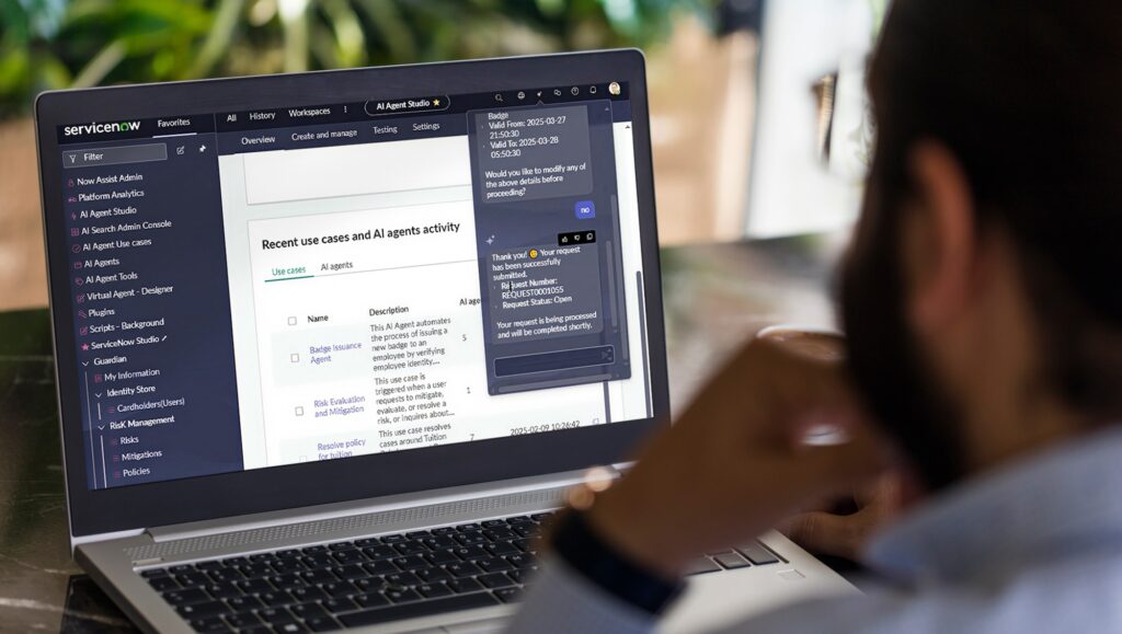 A person looks at a laptop screen displaying a ServiceNow dashboard with recent AI agent activity and a chat window open.