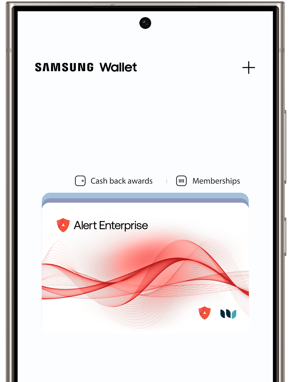 A smartphone screen displays the Samsung Wallet app with a digital card labeled Alert Enterprise and options for cash back awards and memberships.
