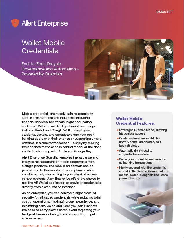 A datasheet for Alert Enterprise Wallet Mobile Credentials features a woman using her phone at a turnstile and highlights security benefits and mobile access credentials.