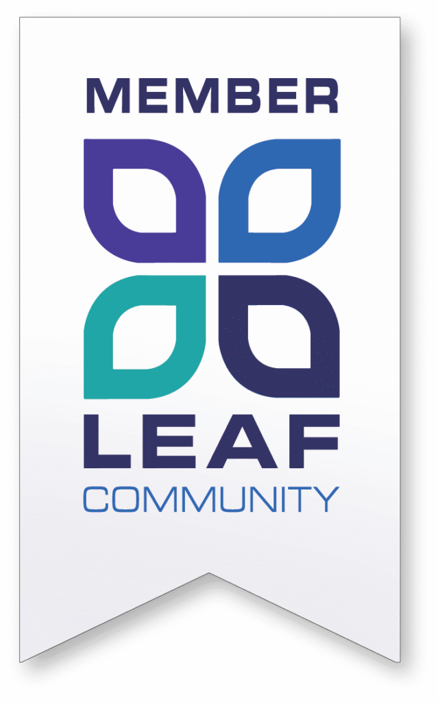 A badge with a stylized leaf logo and the words Member LEAF Community on a white background with a dark border.