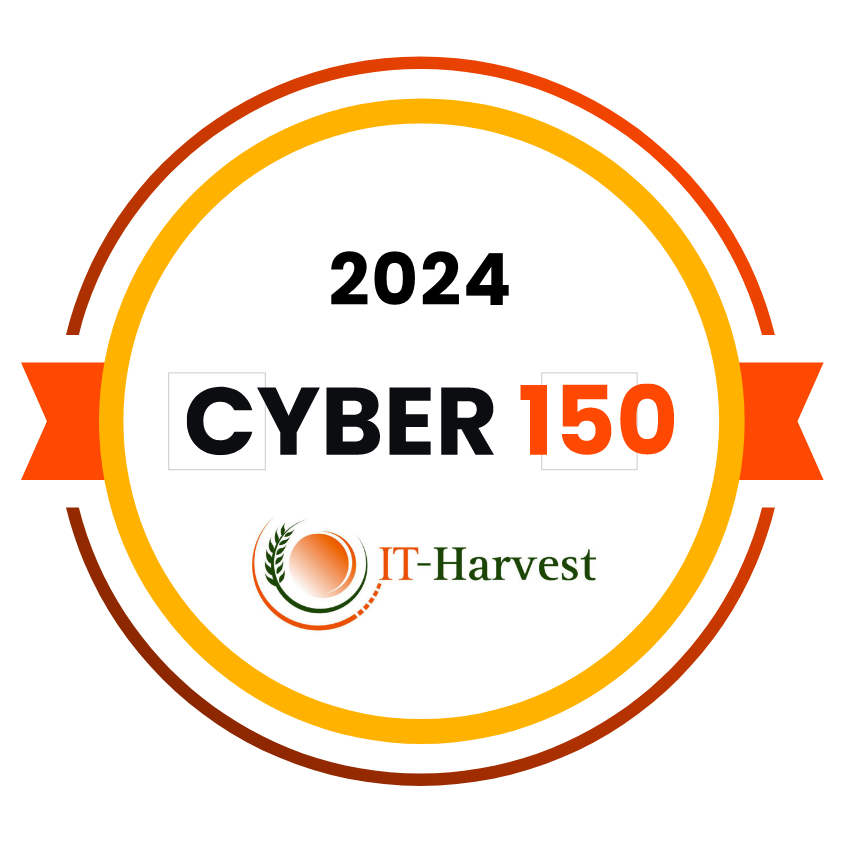 A circular badge with 2024 CYBER 150 and IT-Harvest logo in the center, surrounded by yellow, black, and orange rings.
