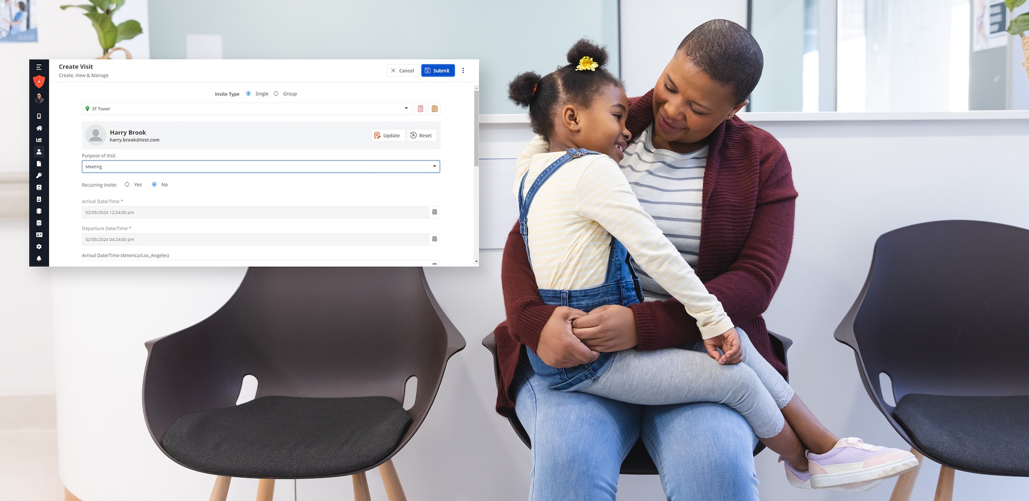 An adult and child sit together on a chair in a waiting room. A digital patient check-in form is overlaid on the left side of the image.