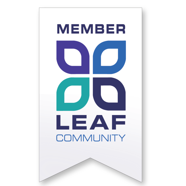 A vertical badge with the text Member LEAF Community and a stylized leaf logo in purple and teal on a white background.