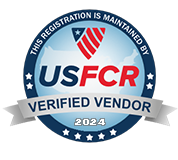 Circular USFCR Verified Vendor 2024 badge with a shield, U.S. map background, and the text “This registration is maintained by USFCR Verified Vendor 2024.”.