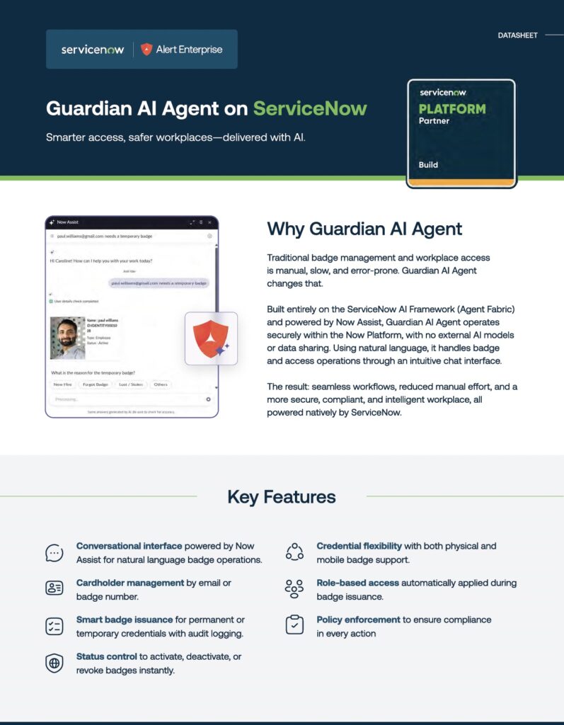 A datasheet for Guardian AI Agent on ServiceNow describes its features, benefits, and key capabilities for smarter, safer workplace access using AI integration.