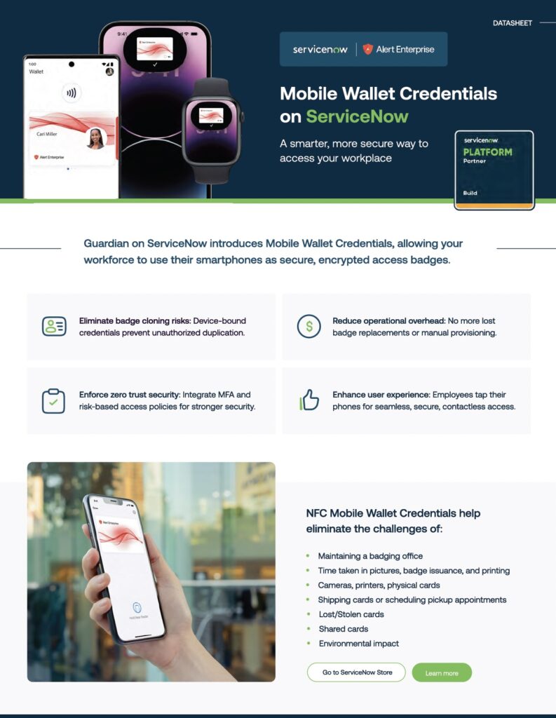 A promotional datasheet displays Mobile Wallet Credentials on ServiceNow, highlighting smartphone-based secure access badges and key features for workplace security and efficiency.