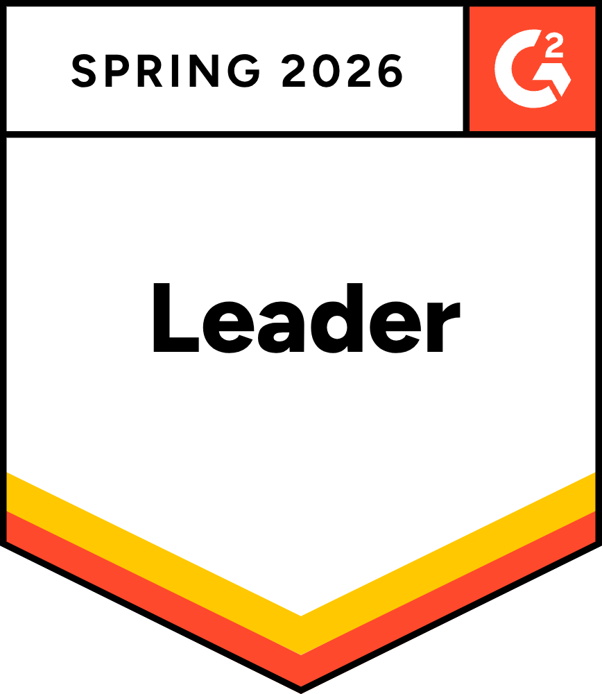 G2 badge labeled Spring 2026 Leader with a red and orange border and the G2 logo in the top right corner.
