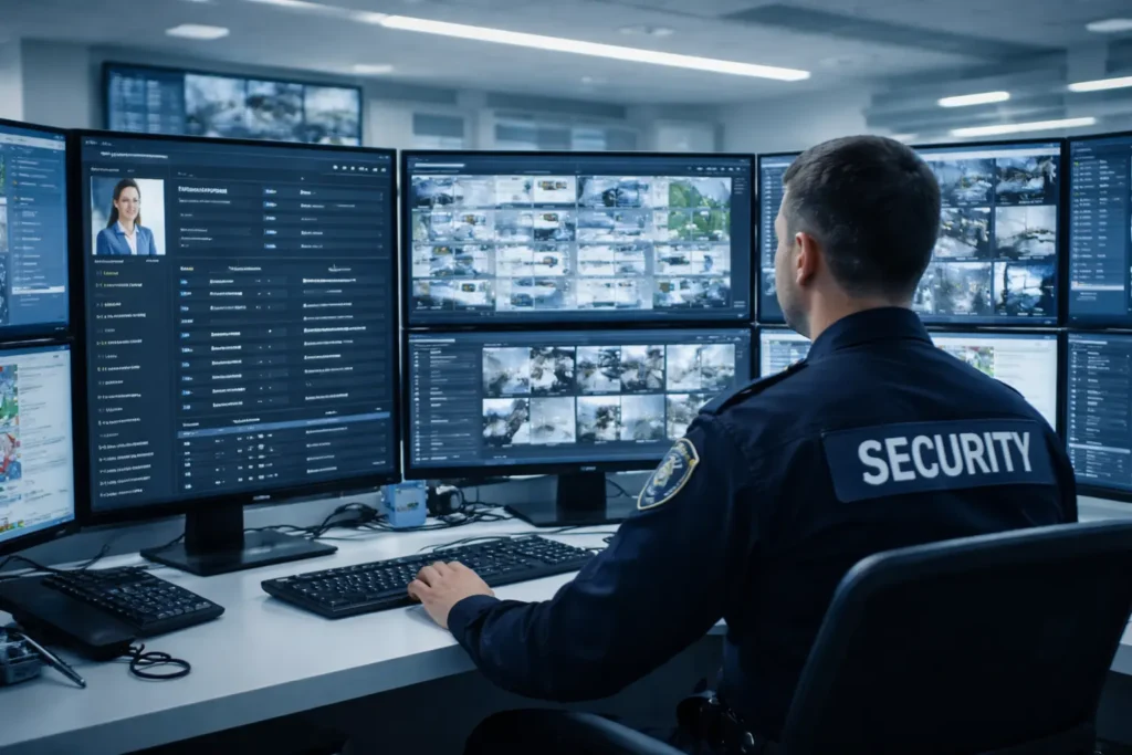 A security officer monitors multiple surveillance camera feeds and information screens at a control room workstation.